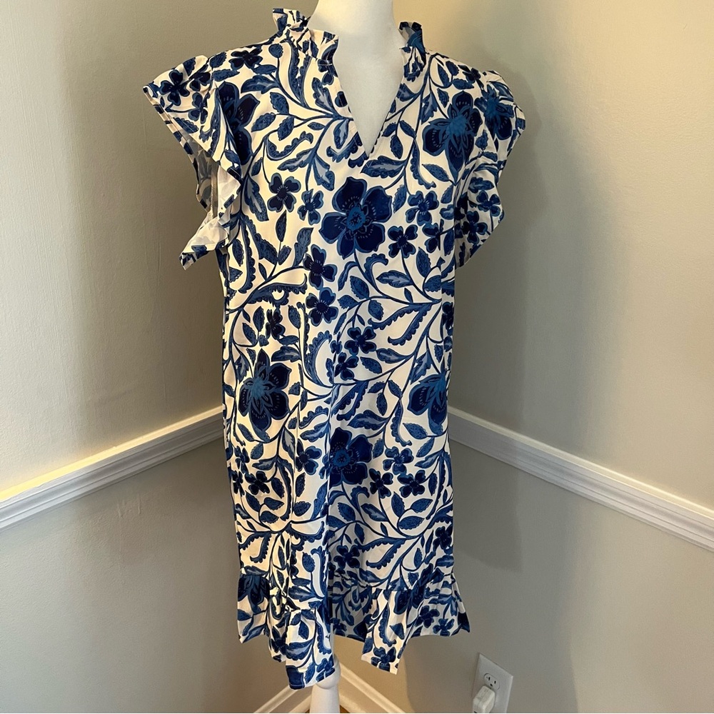 SHEIN Blue and White Floral Mini Dress